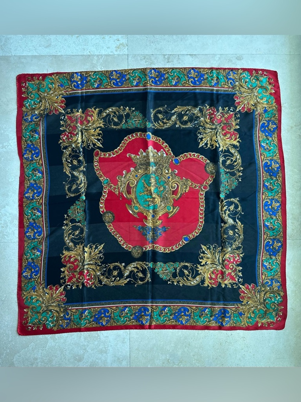 Vintage 100% Silk Baroque-Inspired Red, Black & Teal Square Scarf